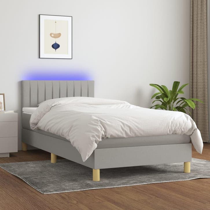 vidaXL Boxspring met matras en LED stof lichtgrijs 90x200 cm, Maison & Meubles, Chambre à coucher | Lits, Envoi
