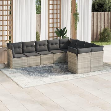 vidaXL 9-delige Loungeset met kussens poly rattan lichtgrijs, Verzenden, Nieuw, Loungeset