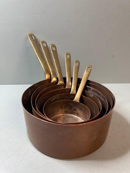 Pan (6) - Set van 6 Antieke Franse Koperen Steelpannen -, Antiek en Kunst, Curiosa en Brocante