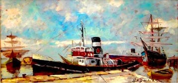 Assuero Fogli (1915-2001) - Velieri e rimorchiatore in porto