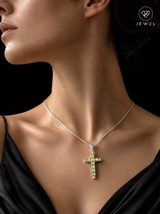 Elegante Peridot-kruis ketting - 925 sterlingzilver sieraden, Antiek en Kunst, Curiosa en Brocante