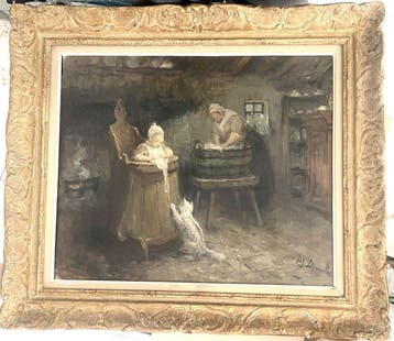 P.J. Dierckx (1862-1936) - Grande scena di genere: Interno