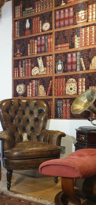 Exclusief retro tapijt met bibliotheekthema, grote maat -