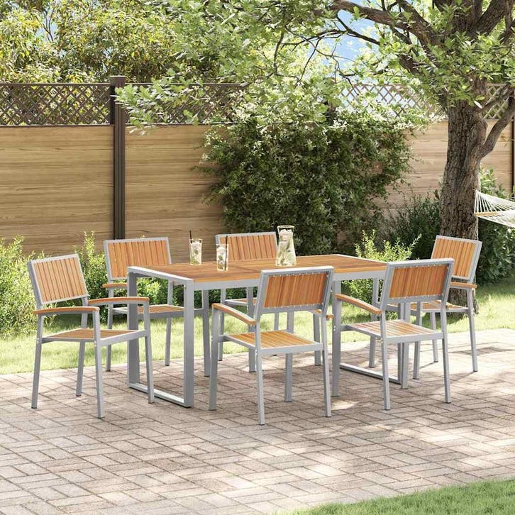 vidaXL Tuin Eettafel Set 7 pcs Grijs Massief Acacia Hout, Tuin en Terras, Tuintafels, Nieuw, Verzenden