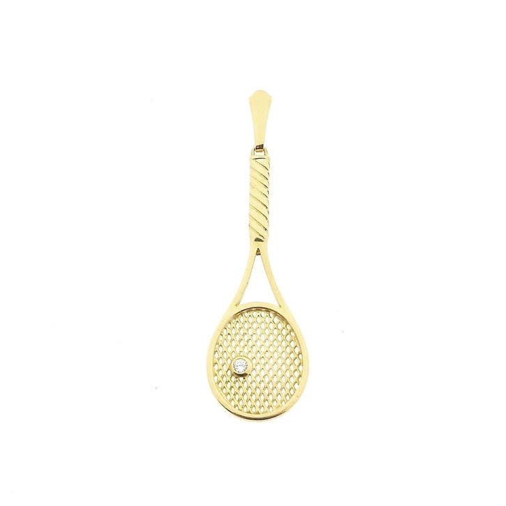 Gouden hanger van een tennisracket met diamant; 0,04 ct., Handtassen en Accessoires, Bedels, Gebruikt, Overige merken, Goud, Ophalen of Verzenden