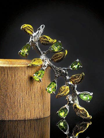 Groene Peridot Tak-Broche - 925 sterlingzilver - Botanisch