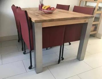 Set van 4 leren kuip eetkamerstoelen - met wieltjes - rood, Ophalen of Verzenden