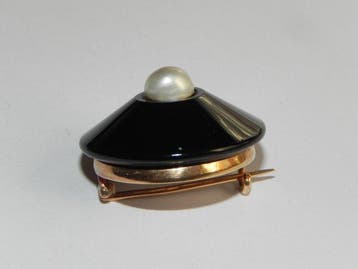 Broche - 14 carats Or jaune Onyx - Perle