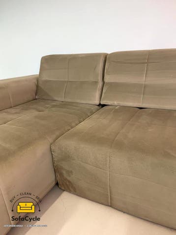 Hoekzetel beige in fluweel met verstelbare rug – tweedehands, Huis en Inrichting, Zetels | Zetels en Chaises Longues, Verzenden