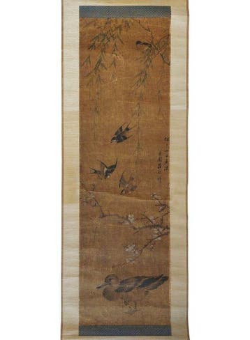 Peinture japonaise - Hirondelles et canards parmi un saule