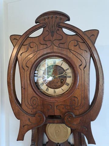 Vrijslinger klok Jugendstil Hout, Messing, Glas - 1900-1910, Antiek en Kunst