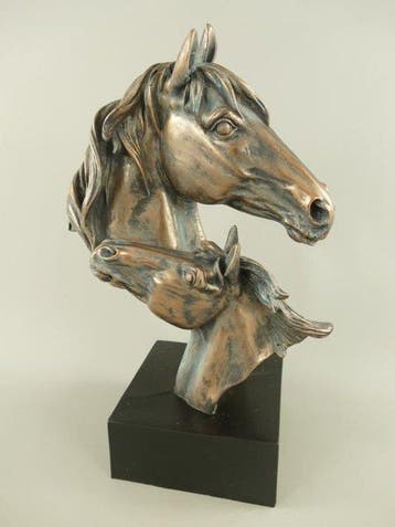 Beeld, Dubbele paardenkop op sokkel - zwart en brons - 44 cm