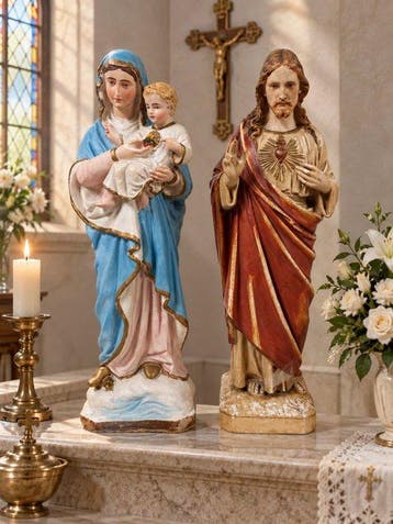 Statue, 2 beelden religieus - 41 cm - Plâtre
