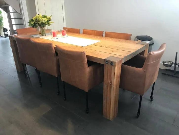 8 bruine leren kuip eetkamerstoelen met wieltjes, Maison & Meubles, Chaises, Enlèvement ou Envoi