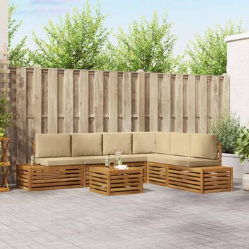 vidaXL Buiten bank set met kussen 7 Stuk Natuurlijk en Beige, Verzenden, Nieuw