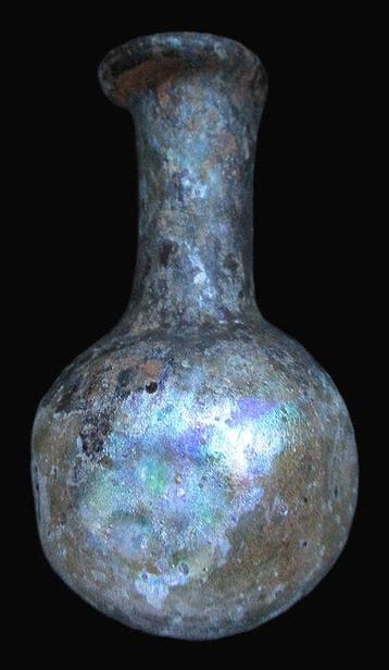 Romain antique Verre Vase bleu irisé à bosses - 85 mm