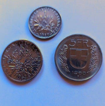 France, Suisse. 5 Francs 1919, 1962, 1968 B (Sans prix de