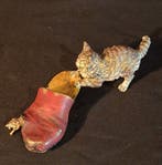 Franz Bergmann - sculptuur, Kitten, mouse and slipper - 5 cm, Antiek en Kunst