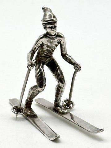 No reserve-Grote handgemaakte zilveren miniatuur Skiër -