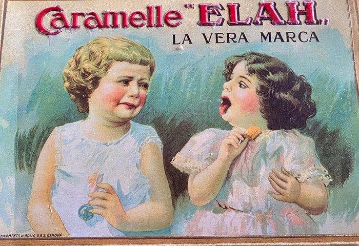 Italië - Reclamebord van tin met reliëf - Caramelle Elah -, Antiquités & Art, Antiquités | Assiettes décoratives & Carrelages