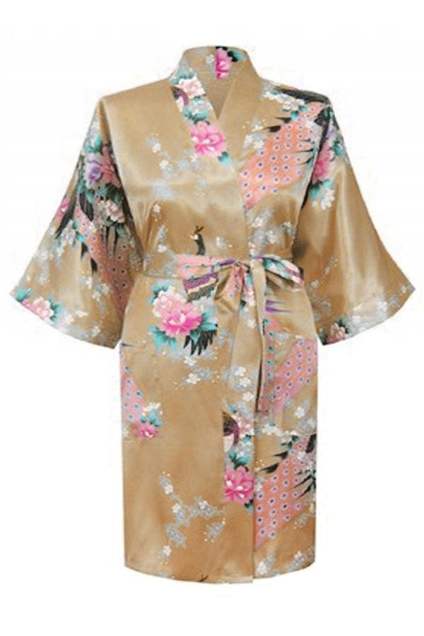 KIMU® Kimono Goud Kort M-L Yukata Satijn Boven de Knie Korte, Kleding | Dames, Carnavalskleding en Feestkleding, Nieuw, Ophalen of Verzenden
