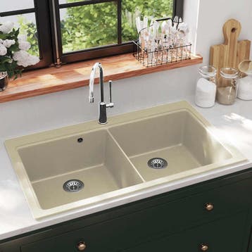 vidaXL Gootsteen dubbele bakken graniet beige, Verzenden