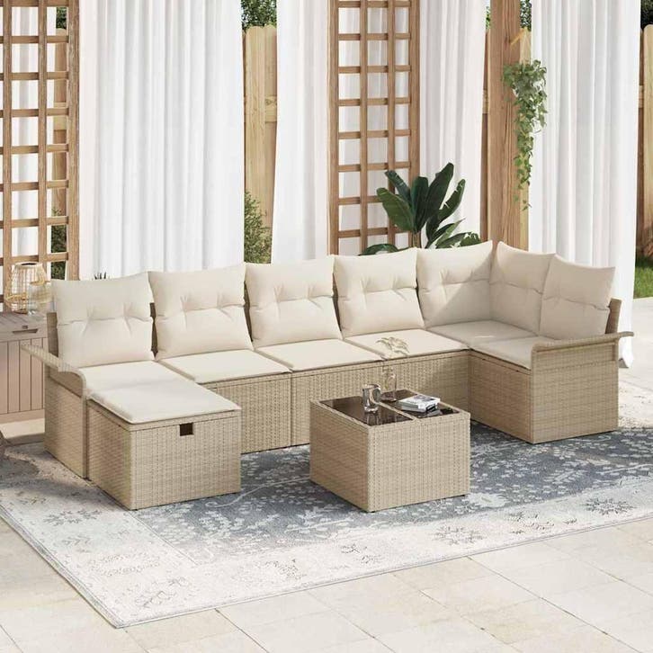 vidaXL Tuinbank Set met kussen 8 pcs Beige en Crème poly, Jardin & Terrasse, Ensembles de jardin, Envoi