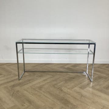 Glazen design sidetable, (hxbxd) 79x148x44 cm, glas - chroom, Gebruikt