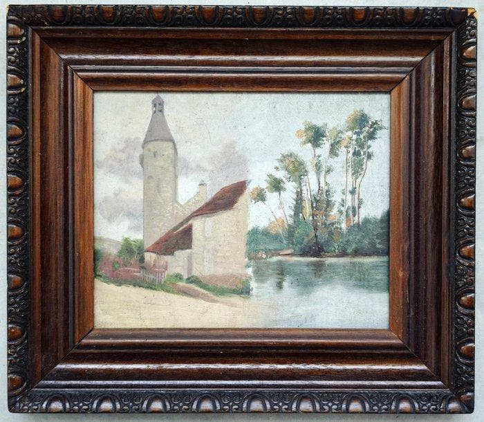 École française (XIX-XX) - NO RESERVE - Vue paisible au bord, Antiquités & Art, Art | Peinture | Classique