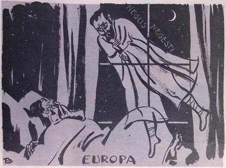 Spotprent met Haile Selassie als spook voor Europa (Lithos), Antiek en Kunst, Kunst | Litho's en Zeefdrukken, Verzenden