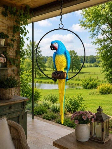 Beeld, life size colorful parrot in hoop - 68 cm - polyresin