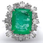 Bague - 18 carats Or blanc Émeraude - Diamant