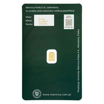 0.25 gram - Or .999 - .9999 Fine Gold Bar Mint of Poland (In
