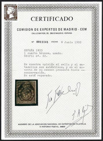 Spanje 1853 - Wapen van Madrid 1c Interne Post - Certificaat, Gestempeld