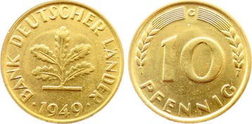 Duitsland 10 Pfennig 1949 G zaponiert J 378 Bdl, Verzenden, België