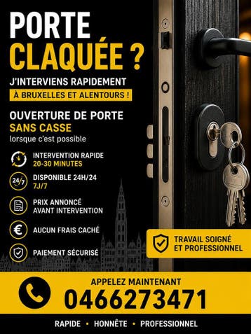 Serrurier Ouverture Porte Maison porte bloquée/claquée BXL, Services & Professionnels