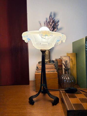 Lampe de table - Opaline, Fer forgé - Lampe vasque Art Déco