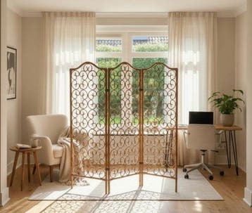 Paravent - Bambou naturel, canne en bois courbé, accents en