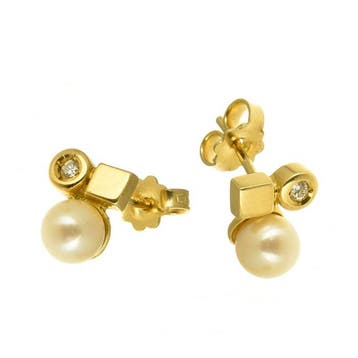 Boucles doreilles - 18 carats Or jaune Perle - Diamant, Nieuw
