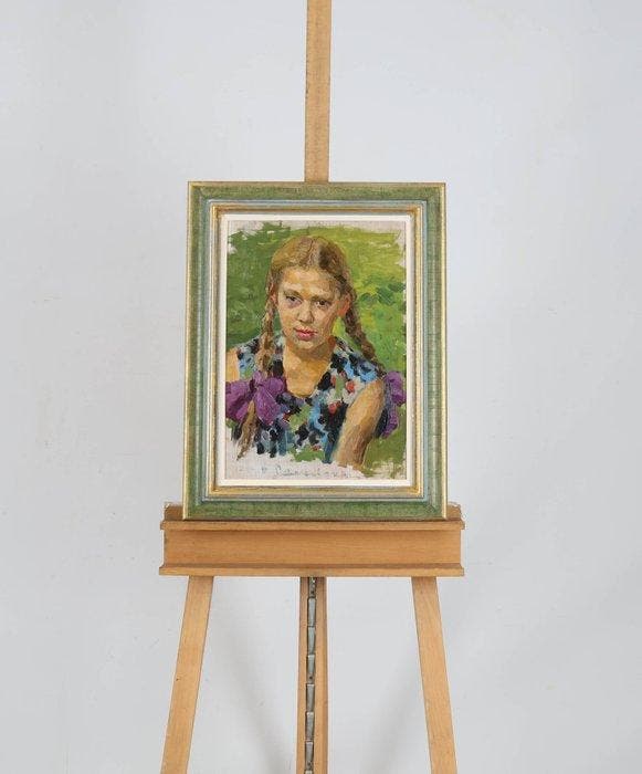 Aurora Efimovna Sosnovskaya (1929) - Girl with braids, Antiquités & Art, Art | Peinture | Classique