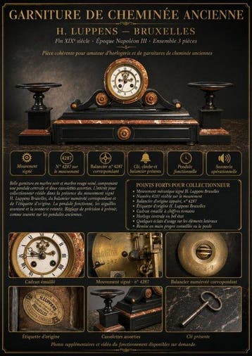 Horloge et parure de cheminée (3) - H. Luppens - Marbre -