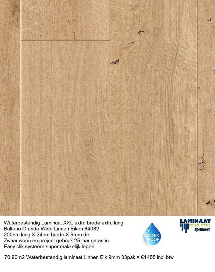 70,80m2 Waterbestendig Laminaat Linnen Eik 9mm 33pak  =€1455, Maison & Meubles, Ameublement | Revêtements de sol, Enlèvement ou Envoi