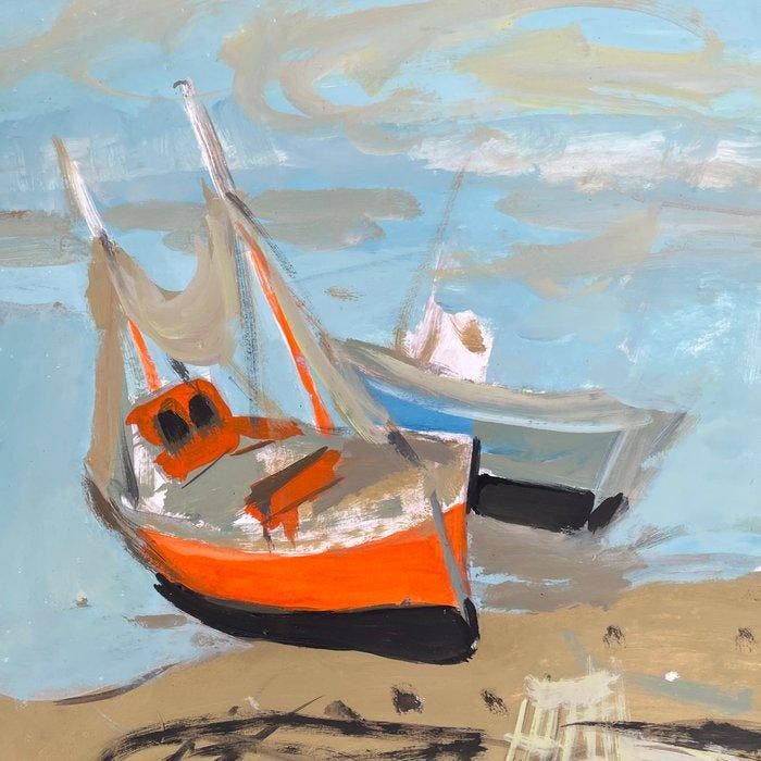 Yves Ganne (1931-2019) - Marine au Bateau à Coque Orange., Antiek en Kunst, Kunst | Schilderijen | Klassiek