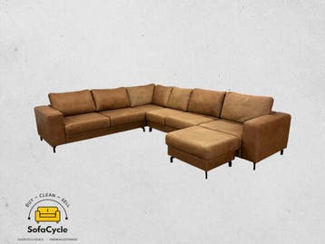Hoekzetel cognac in microvezel met poef, XL – tweedehands, Huis en Inrichting, Zetels | Zetels en Chaises Longues, Verzenden, Nieuw