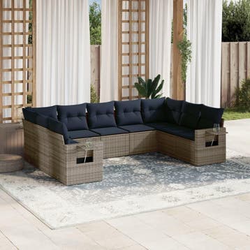 vidaXL 9-delige tuinbankset met kussens, grijs polyrotan, Verzenden, Nieuw