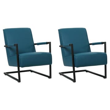 Set van 2 Leren fauteuils Lodge - Toledo Turquoise (blauw), Nieuw, Ophalen of Verzenden, 50 tot 75 cm, Leer
