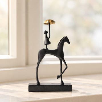 sculptuur, Girl on Horse with Umbrella - 36 cm - Metaal, Antiek en Kunst