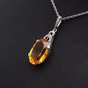 Zilver, Art Deco, Goudgele Citrien(Getest) - Ketting met