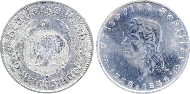 Duitsland 2 Reichsmark Schiller 1934 F J 358 Schroetlings..., Postzegels en Munten, Munten | Europa | Niet-Euromunten, België