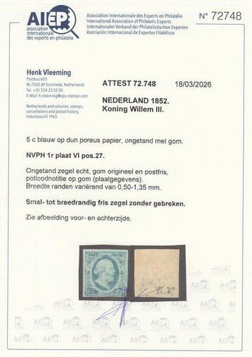 Nederland 1852 - Koning Willem III - NVPH 1, Gestempeld
